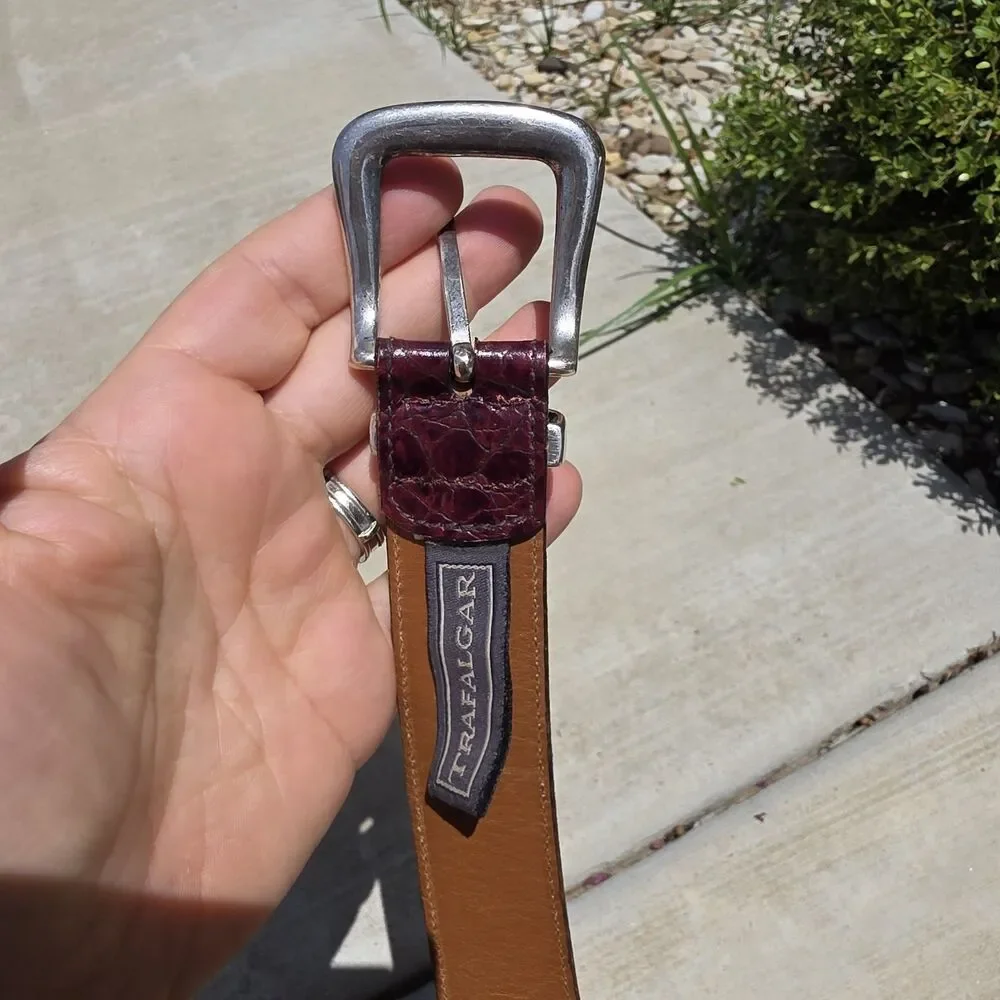 TRAFALGAR Red Brown Belt Men’s 44 Croc Embossed Italian Leather Silver Handmade